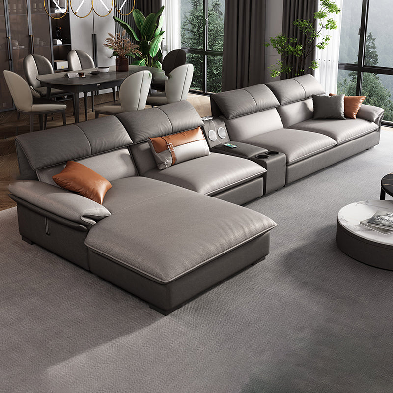 Grey Faux Leather Sectional Sofa Pillow Top Arm Sectional Ottoman Included 2-Seater Sofa & 1-Seater Sofa & Chaise Lounge & Side Table Faux Leather Left Clearhalo 'furn' 'furn_sectionals' 'Furniture' 'Living Room Furniture' 'Sectionals' 6920927