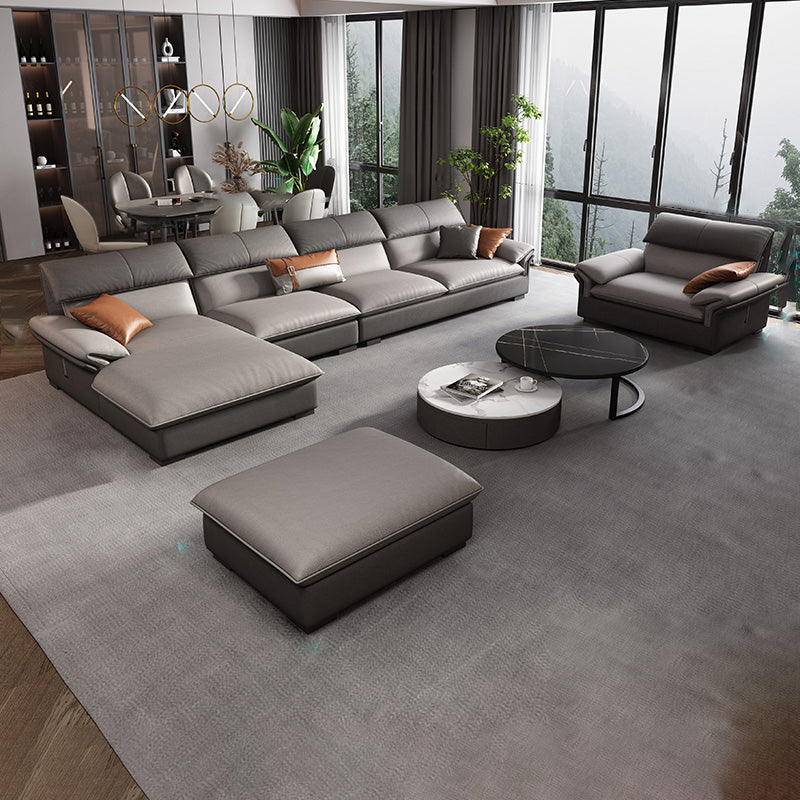 Grey Faux Leather Sectional Sofa Pillow Top Arm Sectional Ottoman Included 2-Seater Sofa&1-Seater Sofa&Chaise Longue&1-Seater Sofa&Ottoman Faux Leather Left Clearhalo 'furn' 'furn_sectionals' 'Furniture' 'Living Room Furniture' 'Sectionals' 6920930