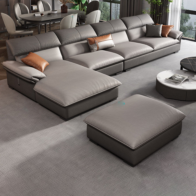 Grey Faux Leather Sectional Sofa Pillow Top Arm Sectional Ottoman Included 2-Seater Sofa & 1-Seater Sofa & Chaise Lounge & Ottoman Faux Leather Left Clearhalo 'furn' 'furn_sectionals' 'Furniture' 'Living Room Furniture' 'Sectionals' 6920931