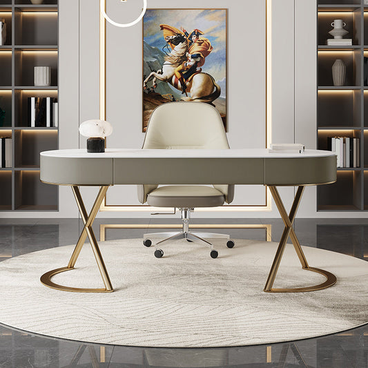 オフィスのためにホワイトの不規則な形のタスクデスクを書き留める3つの引き出し