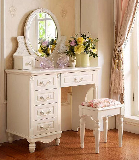 Set di sgabelli da letto vittoriano per il trucco bianco vanity da banco con cassetto