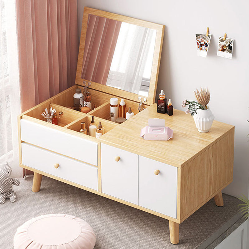 Zeitgenössischer natürlicher Schlafzimmer Massivholzspiegel mit Schubladen Make -up Eitelkeitssatz