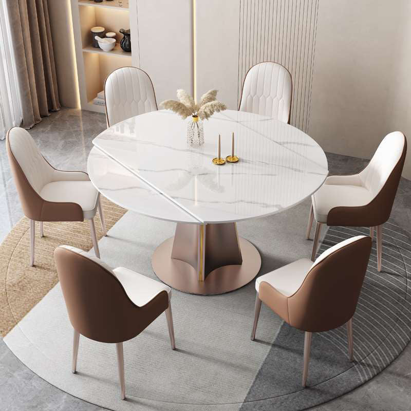 Metal Pedestal Dining Table Extendable Dining Table for Kitchen Self-Storing Leaf Without Chairs Clearhalo 'Dining Tables & Seating' 'Dining Tables' 'dining_table' 'furn' 'furn_dining_table' 'Furniture' 'Kitchen & Dining Furniture' 6937056