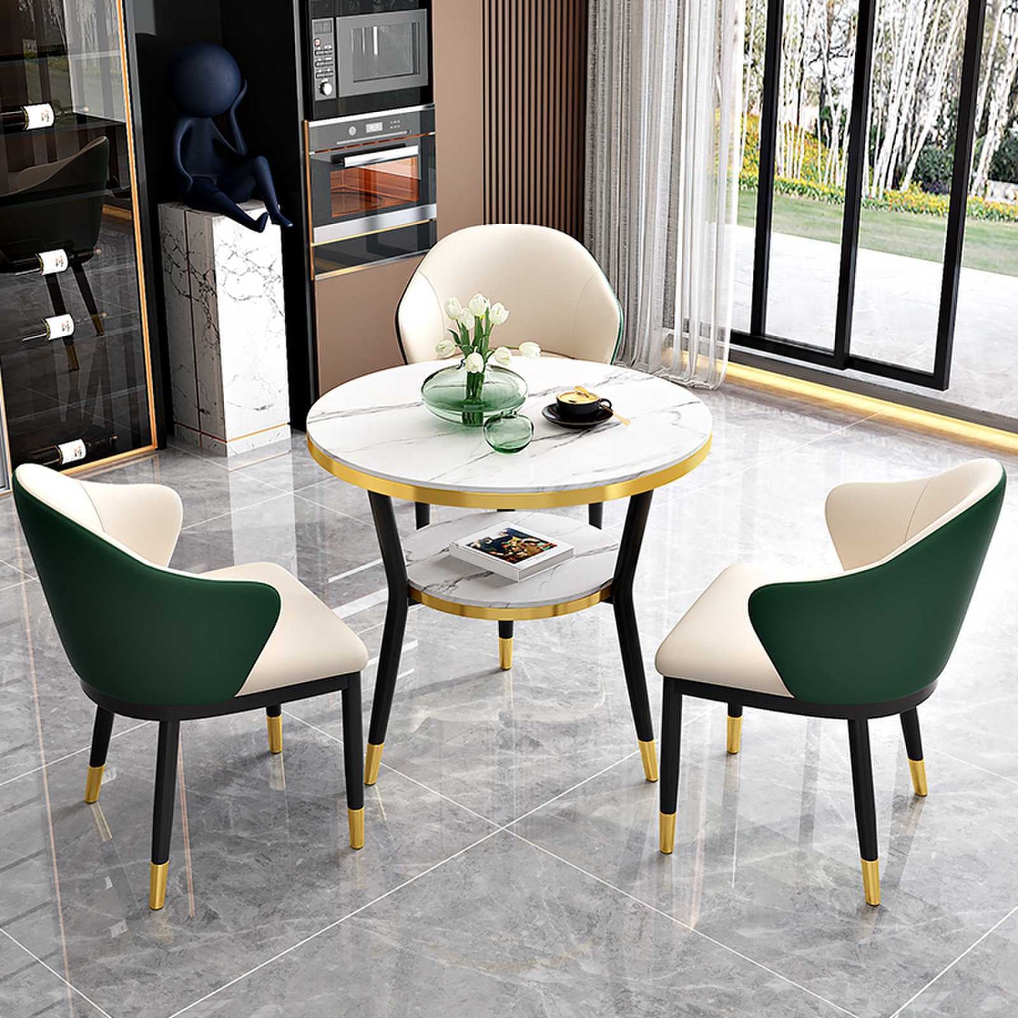 Glossy White Stone Dining Table Set 1/2/4 Pcs Glam Dinette Set with Leather Chairs