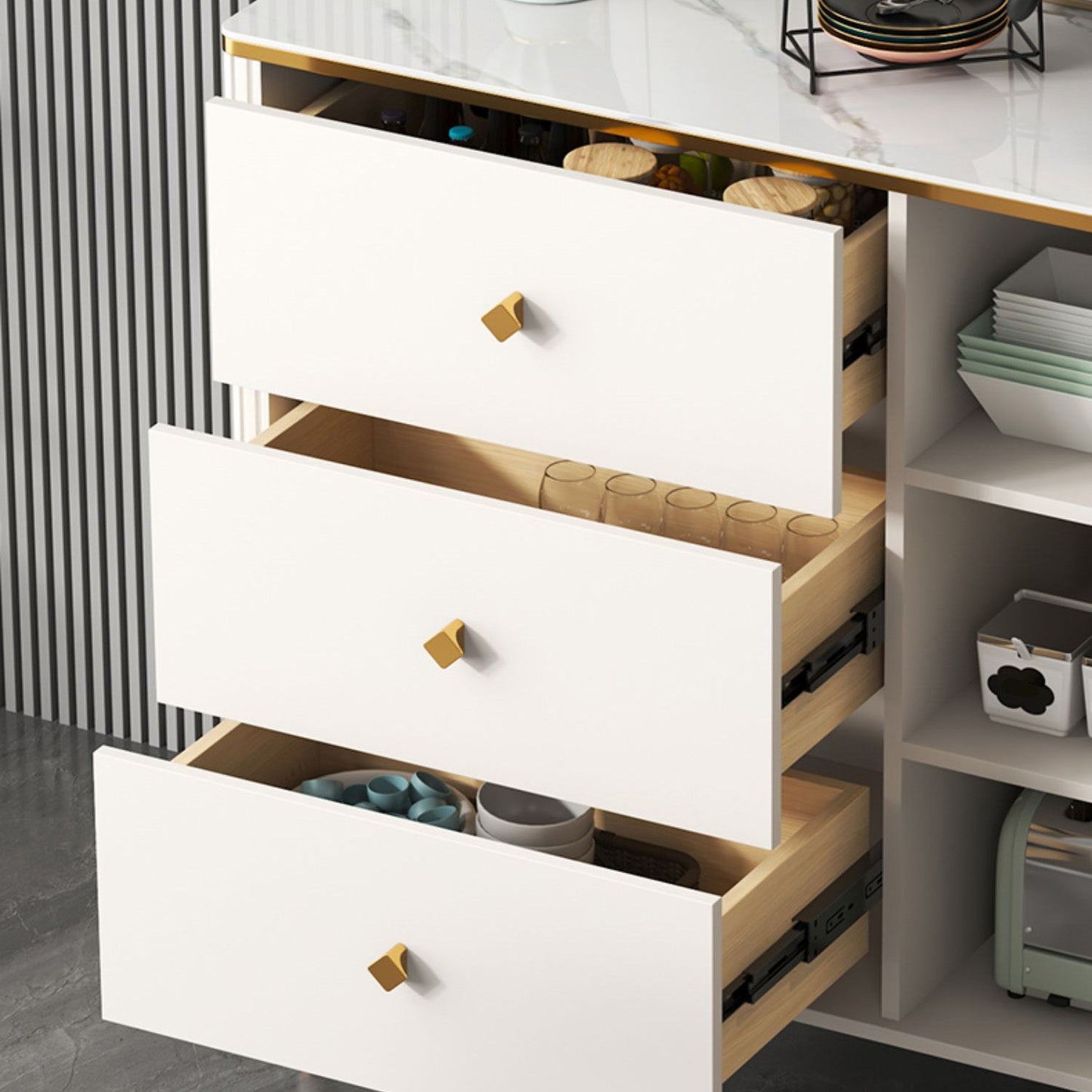 Scheda laterale Glam Sideboard Stone Glass con armadi e cassetti