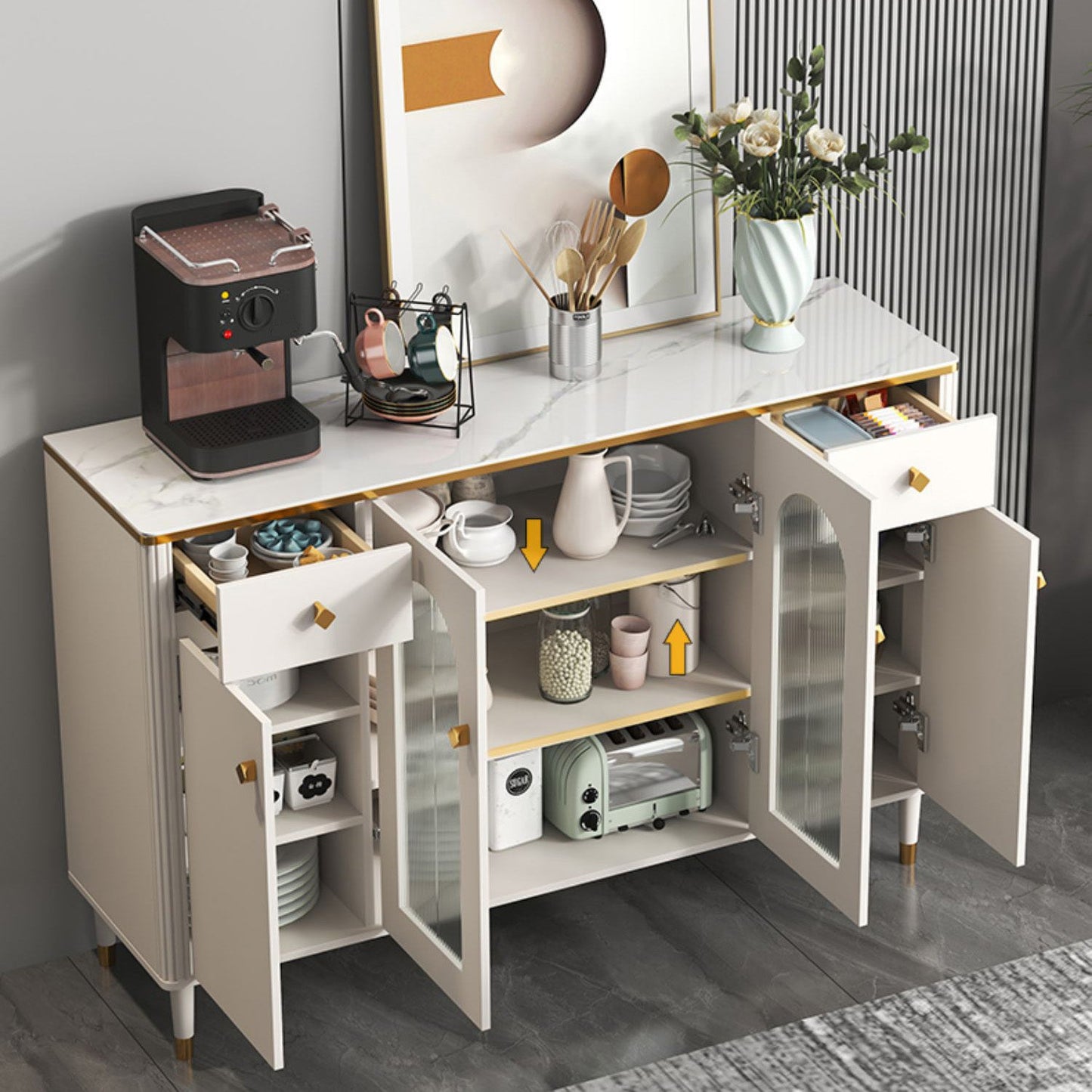 Scheda laterale Glam Sideboard Stone Glass con armadi e cassetti