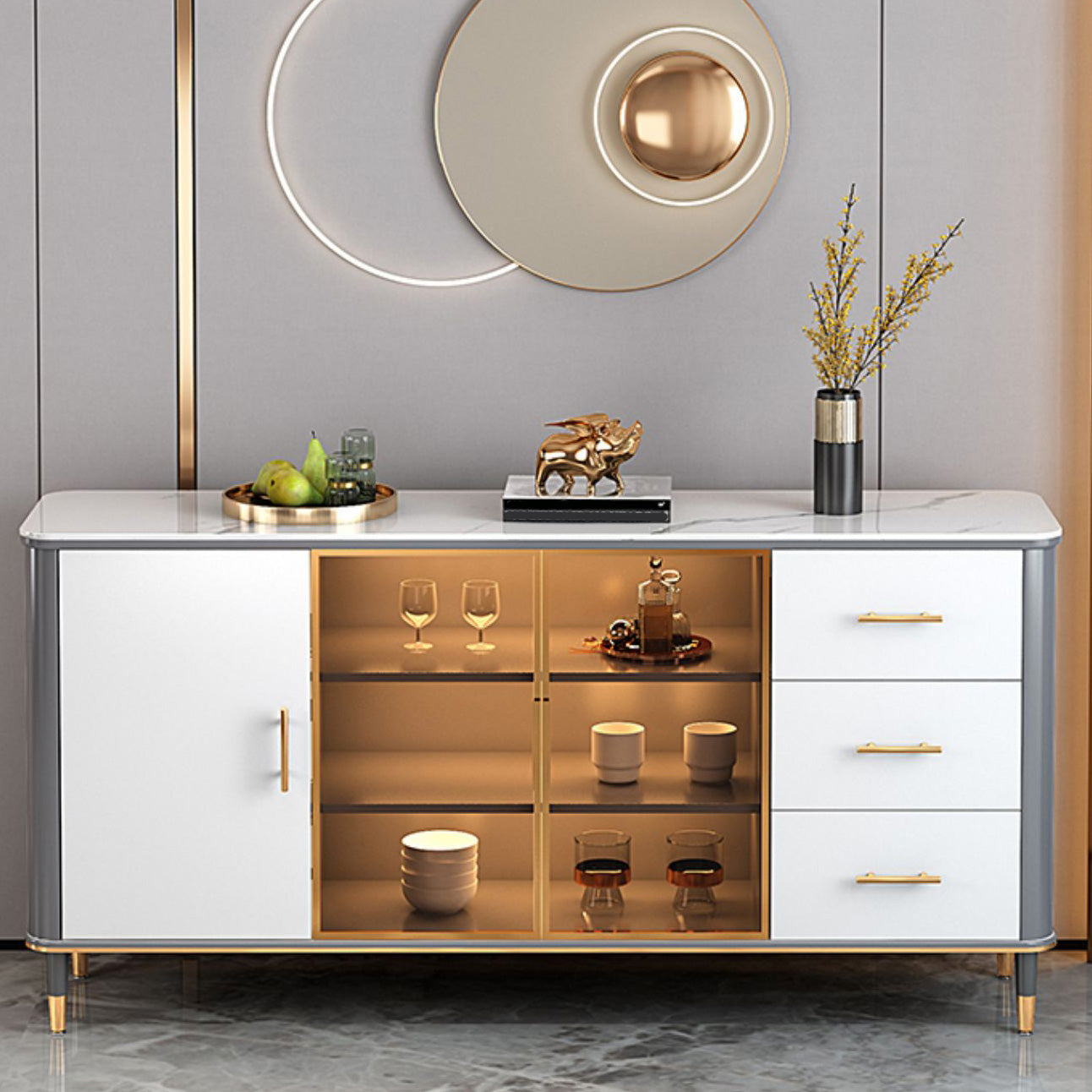 Portes de verre en pierre de buffre glamour avec armoire et tiroirs