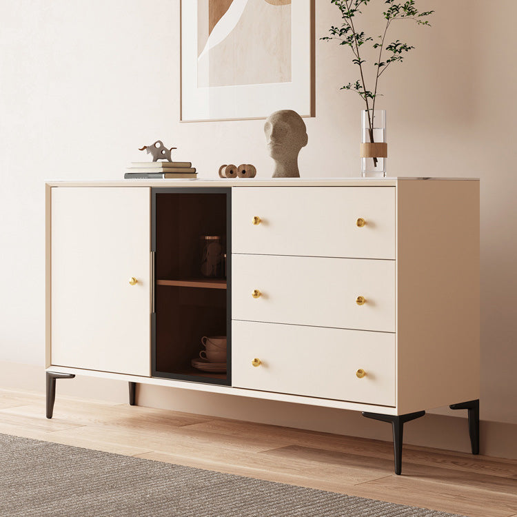 Glam Credenza Glass Doors Stone Side Board with Cabinets and Drawers 63"L x 16"W x 33"H Beige Black Clearhalo 'buffet_sideboard' 'Buffets & Sideboards' 'furn' 'furn_buffet_sideboard' 'Furniture' 'Kitchen & Dining Furniture' 6940348