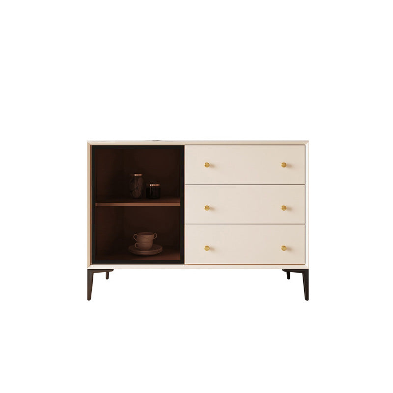 Glam Credenza Glass Doors Stone Side Board with Cabinets and Drawers 39"L x 16"W x 33"H Beige Black Clearhalo 'buffet_sideboard' 'Buffets & Sideboards' 'furn' 'furn_buffet_sideboard' 'Furniture' 'Kitchen & Dining Furniture' 6940351