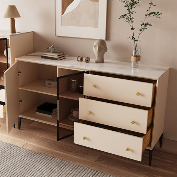 Glam Credenza Glass Doors Stone Side Board with Cabinets and Drawers 55"L x 16"W x 33"H Beige Black Clearhalo 'buffet_sideboard' 'Buffets & Sideboards' 'furn' 'furn_buffet_sideboard' 'Furniture' 'Kitchen & Dining Furniture' 6940355