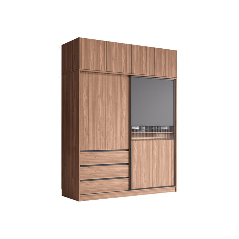 Contemporary Freestanding Wardrobe Armoire Brown Wood Wardrobe with Drawers