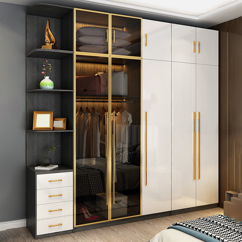 Modern Tempered Glass Doors Wardrobe Wood Frame Wardrobe without Light
