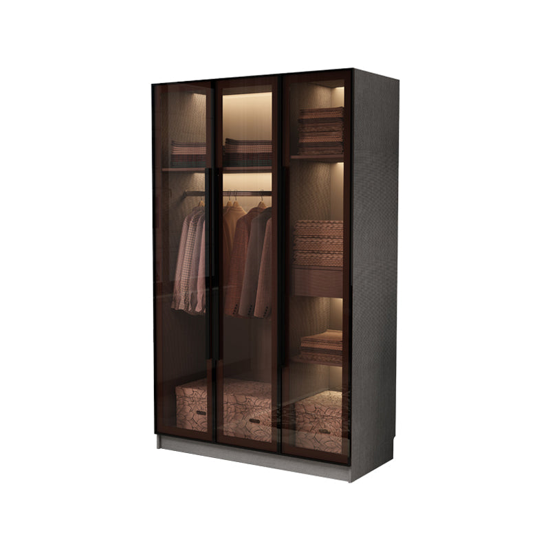 Modern Glass Hinged Doors Wardrobe Armoire Wood Frame Wardrobe with Shelves without Light