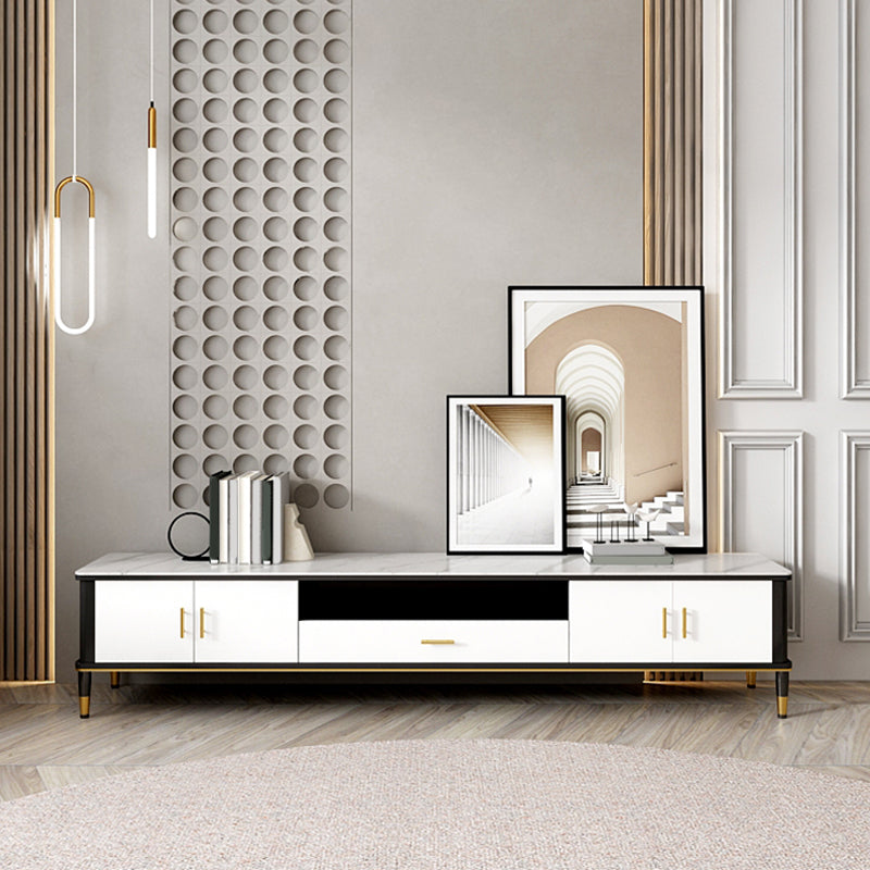 Contemporary Stone TV Console White Open Storage Media Console 87"L x 16"W x 18"H Clearhalo 'furn' 'furn_tv_stands_entertainment_centers' 'Furniture' 'Living Room Furniture' 'TV Stands & Entertainment Centers' 'TV Stands & Media Storage Furniture' 'tv_stands_entertainment_centers' 6943698