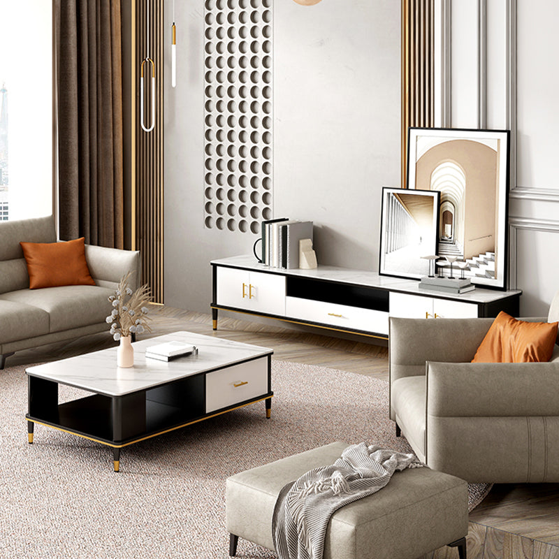Contemporary Stone TV Console White Open Storage Media Console Clearhalo 'furn' 'furn_tv_stands_entertainment_centers' 'Furniture' 'Living Room Furniture' 'TV Stands & Entertainment Centers' 'TV Stands & Media Storage Furniture' 'tv_stands_entertainment_centers' 6943704