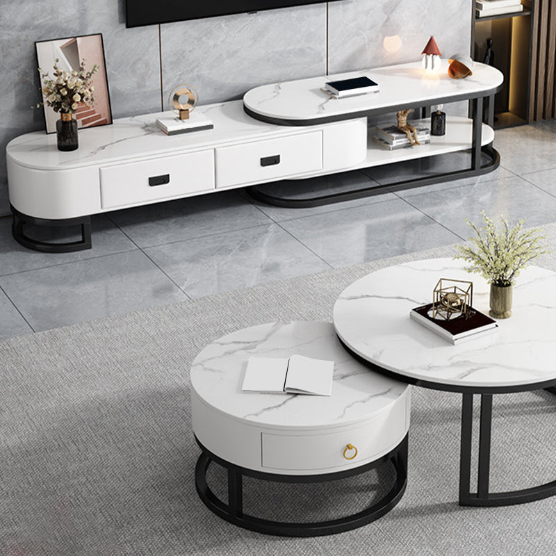 Console TV contemporanea in pietra con contenitore aperto e 2 cassetti