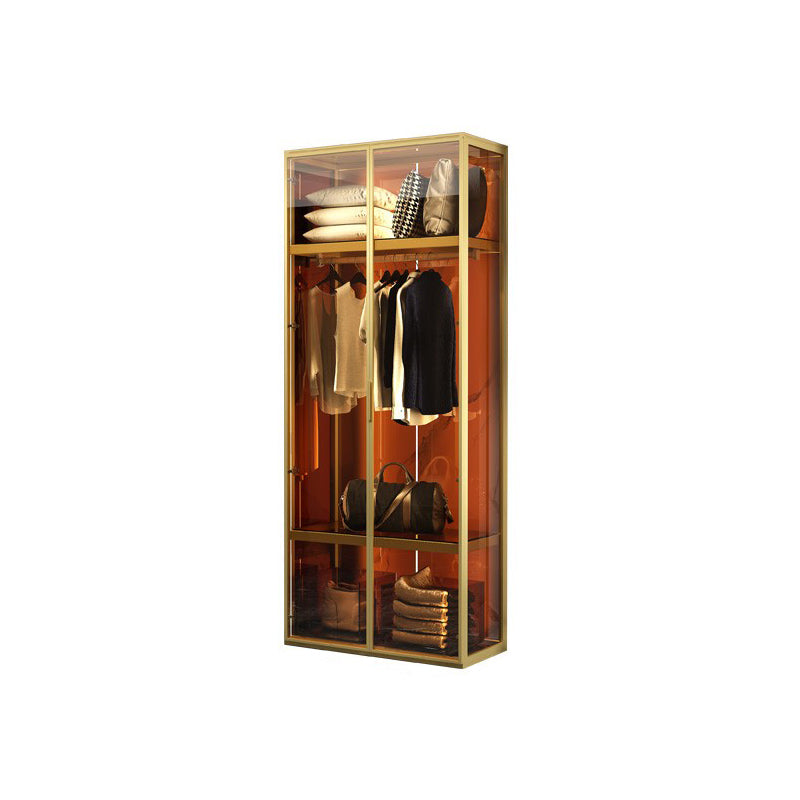 Contemporary Tempered Glass Wardrobe Armoire Freestanding Wardrobe with Shelves 31.5"L x 20"W x 79"H Gold Clearhalo 'Armoires & Wardrobes' 'armoires_wardrobes' 'Bedroom Furniture' 'furn' 'furn_armoires_wardrobes' 'Furniture' 6953866