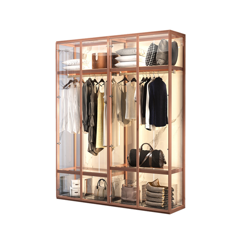 Contemporary Tempered Glass Wardrobe Armoire Freestanding Wardrobe with Shelves 63"L x 20"W x 79"H Rose Gold Clearhalo 'Armoires & Wardrobes' 'armoires_wardrobes' 'Bedroom Furniture' 'furn' 'furn_armoires_wardrobes' 'Furniture' 6953879