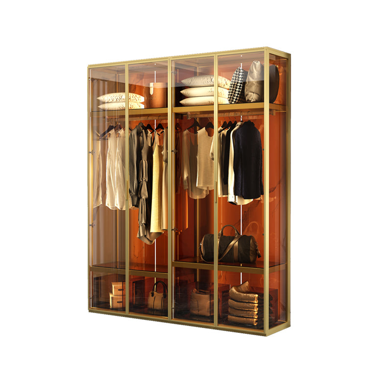 Contemporary Tempered Glass Wardrobe Armoire Freestanding Wardrobe with Shelves 63"L x 20"W x 79"H Gold Clearhalo 'Armoires & Wardrobes' 'armoires_wardrobes' 'Bedroom Furniture' 'furn' 'furn_armoires_wardrobes' 'Furniture' 6953880