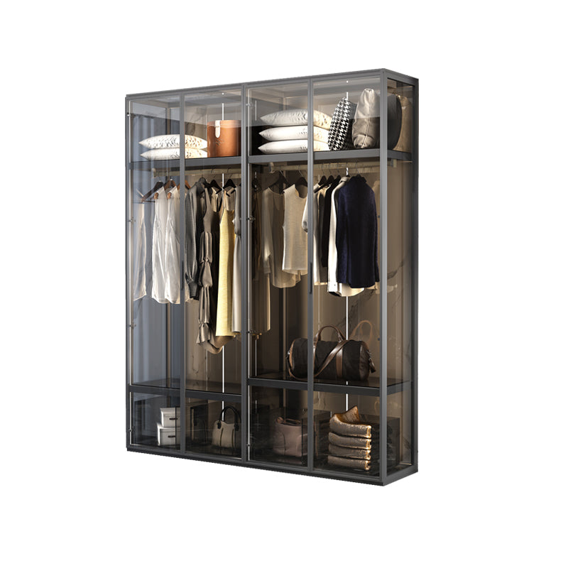 Contemporary Tempered Glass Wardrobe Armoire Freestanding Wardrobe with Shelves 63"L x 20"W x 79"H Grey Clearhalo 'Armoires & Wardrobes' 'armoires_wardrobes' 'Bedroom Furniture' 'furn' 'furn_armoires_wardrobes' 'Furniture' 6953881