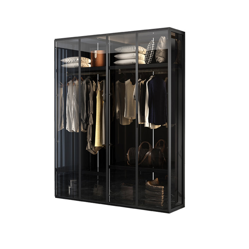 Contemporary Tempered Glass Wardrobe Armoire Freestanding Wardrobe with Shelves 63"L x 20"W x 79"H Black Clearhalo 'Armoires & Wardrobes' 'armoires_wardrobes' 'Bedroom Furniture' 'furn' 'furn_armoires_wardrobes' 'Furniture' 6953882
