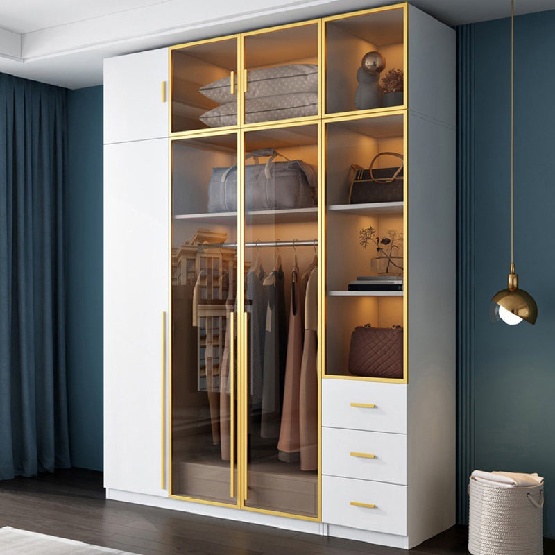 Modern Wood and Glass Wardrobe Freestanding Wardrobe with Soft Close Drawers and Doors