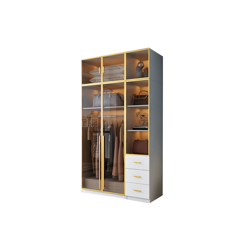 Modern Wood and Glass Wardrobe Freestanding Wardrobe with Soft Close Drawers and Doors