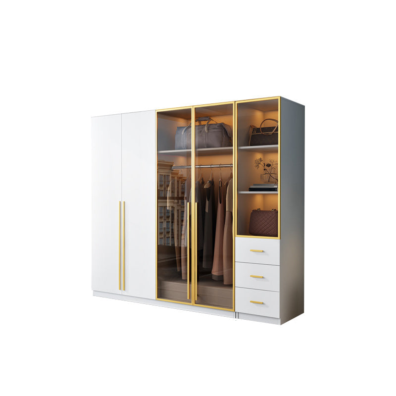 Modern Wood and Glass Wardrobe Freestanding Wardrobe with Soft Close Drawers and Doors