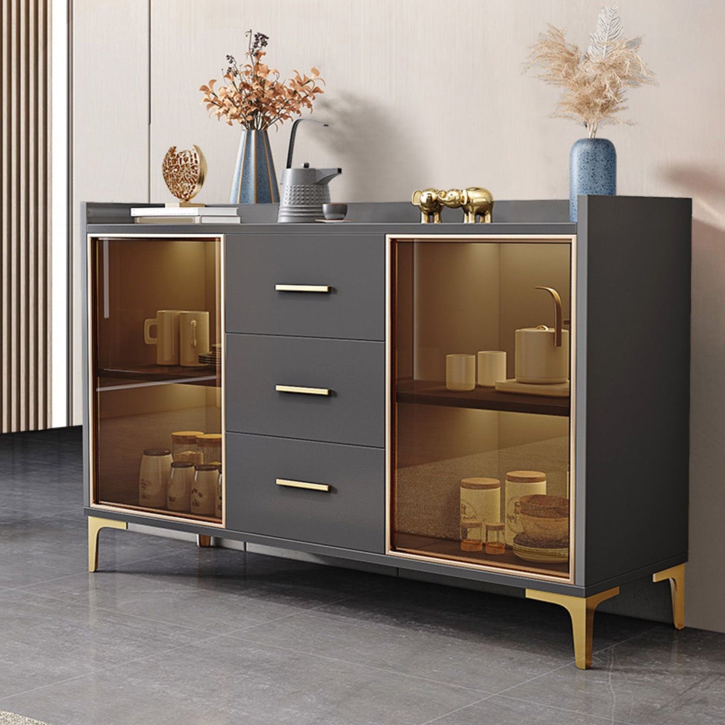 Glam Credenza Adjustable Shelving Wood Side Board with Cabinets and Drawers Clearhalo 'buffet_sideboard' 'Buffets & Sideboards' 'furn' 'furn_buffet_sideboard' 'Furniture' 'Kitchen & Dining Furniture' 6954005