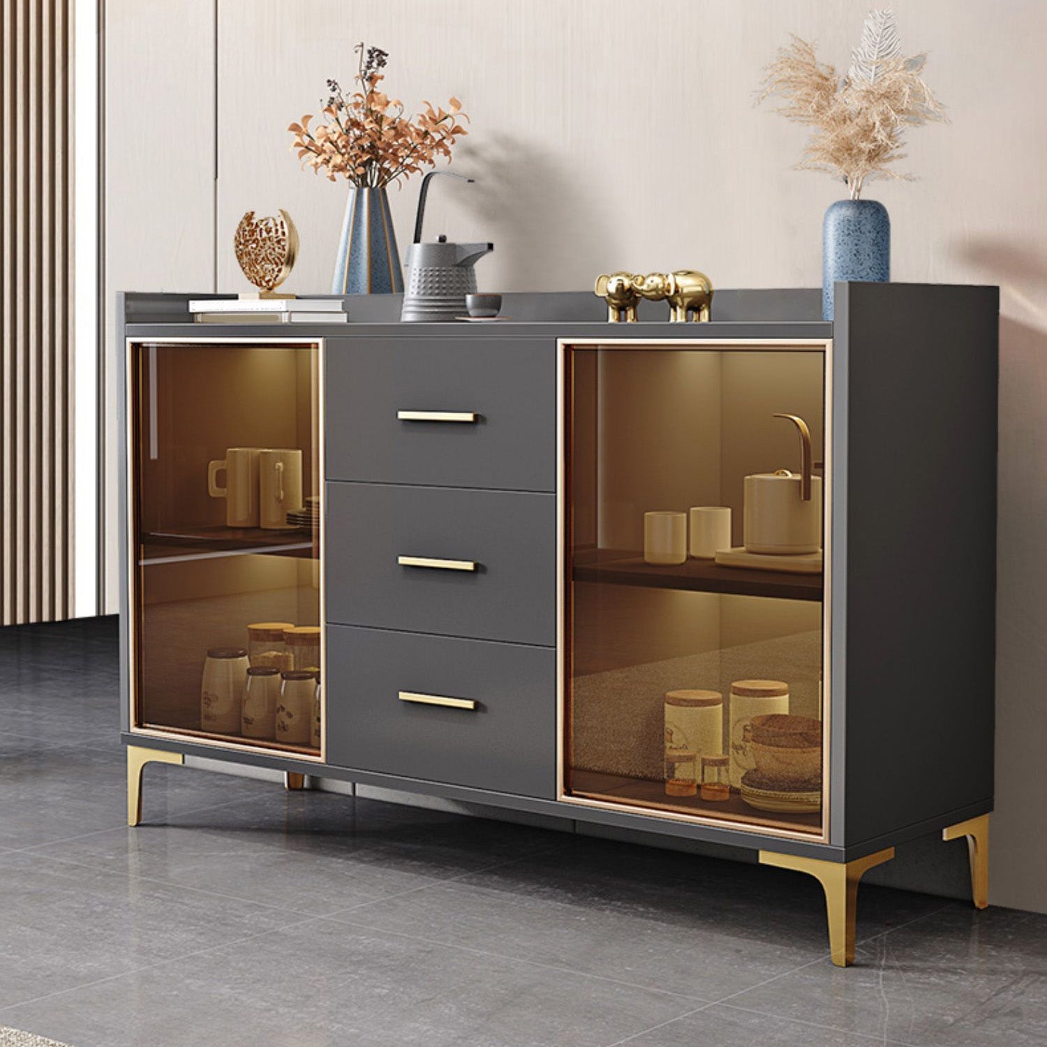 Glam Credenza Adjustable Shelving Wood Side Board with Cabinets and Drawers Clearhalo 'buffet_sideboard' 'Buffets & Sideboards' 'furn' 'furn_buffet_sideboard' 'Furniture' 'Kitchen & Dining Furniture' 6954005