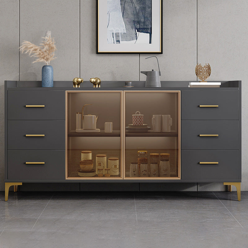 Glam Credenza Adjustable Shelving Wood Side Board with Cabinets and Drawers 63"L x 16"W x 35"H Grey Clearhalo 'buffet_sideboard' 'Buffets & Sideboards' 'furn' 'furn_buffet_sideboard' 'Furniture' 'Kitchen & Dining Furniture' 6954007