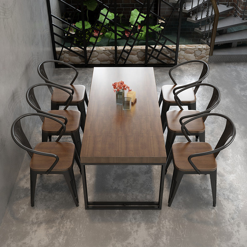 Industrial Rectangle Wood Dining Table 1/5/7 Pieces Dining Set for Barbecue Shop 7 Pieces: Table, 6 Black Chairs Clearhalo 'Dining Room Sets' 'Dining Tables & Seating' 'dining_room_set' 'furn' 'furn_dining_room_set' 'Furniture' 'Kitchen & Dining Furniture' 6956268