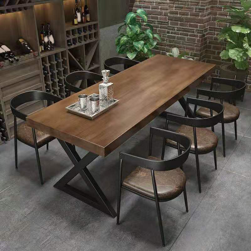 Industrial Rectangle Wood Dining Table 1/3/5/7 Pieces Dining Set for Bar 7 Pieces: 1 Table, 6 Dark Brown Chairs Clearhalo 'Dining Room Sets' 'Dining Tables & Seating' 'dining_room_set' 'furn' 'furn_dining_room_set' 'Furniture' 'Kitchen & Dining Furniture' 6956302