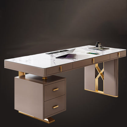 Bureau de bureau en pierre moderne bureau de tâche de forme rectangulaire avec 2 lames en blanc et gris