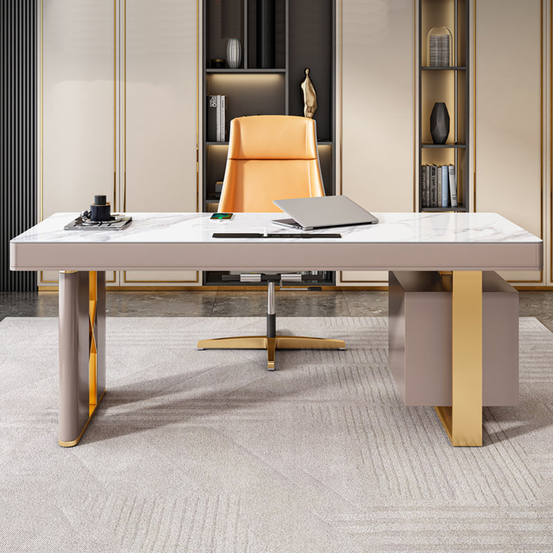 Bureau de bureau en pierre moderne bureau de tâche de forme rectangulaire avec 2 lames en blanc et gris