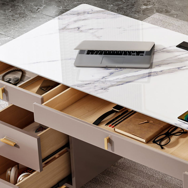 Bureau de bureau en pierre moderne bureau de tâche de forme rectangulaire avec 2 lames en blanc et gris