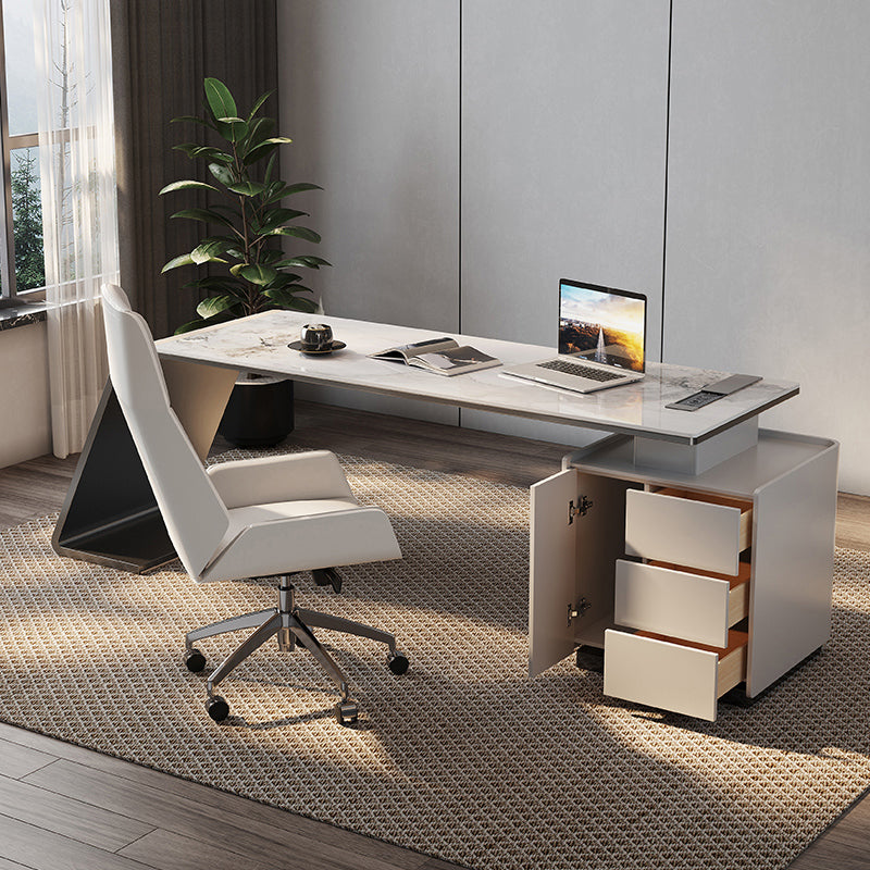 Modern Stone Office Desk Rectangular Shape Task Desk with Drawers in White Clearhalo 'furn' 'furn_office_desk' 'Furniture' 'Office Desks' 'Office Furniture' 'office_desk' 6957647