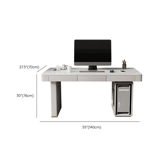 Modern Stone Computer Desk Rectangular Shape Task Desk with 2-Legs in White