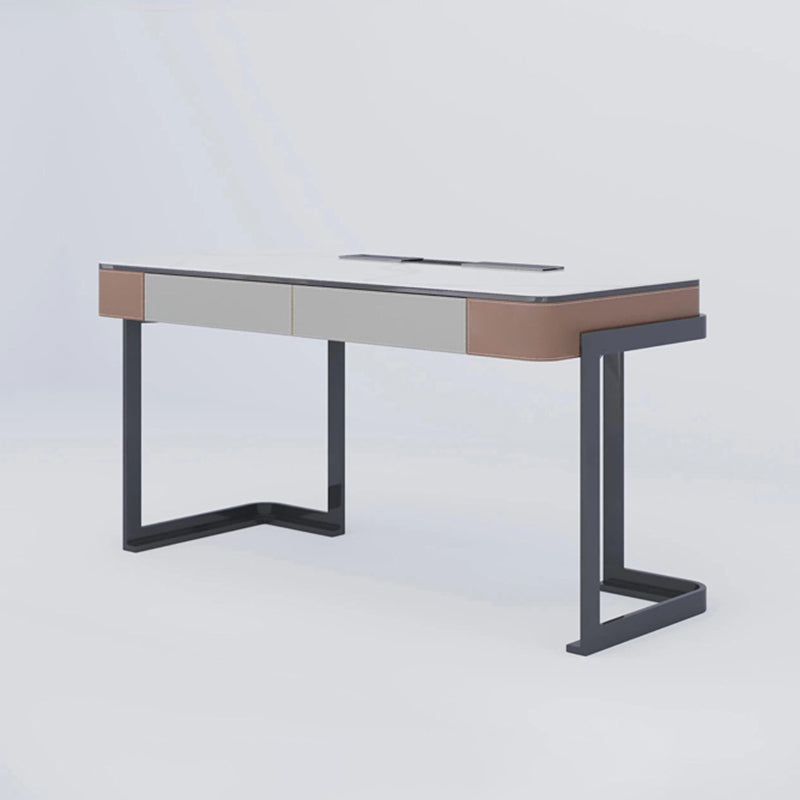 Modern Stone Office Desk Rectangular Shape Task Desk with 2-Drawers in White/Grey Gray Clearhalo 'furn' 'furn_office_desk' 'Furniture' 'Office Desks' 'Office Furniture' 'office_desk' 6957909