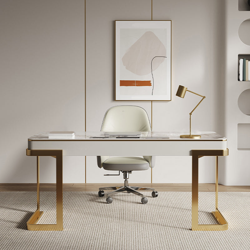 Modern Stone Office Desk Rectangular Shape Task Desk with 2-Drawers in White/Grey Clearhalo 'furn' 'furn_office_desk' 'Furniture' 'Office Desks' 'Office Furniture' 'office_desk' 6957910
