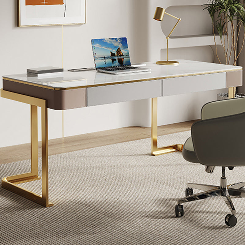 Modern Stone Office Desk Rectangular Shape Task Desk with 2-Drawers in White/Grey Clearhalo 'furn' 'furn_office_desk' 'Furniture' 'Office Desks' 'Office Furniture' 'office_desk' 6957911