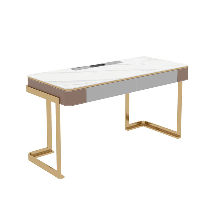 Modern Stone Office Desk Rectangular Shape Task Desk with 2-Drawers in White/Grey Gold Clearhalo 'furn' 'furn_office_desk' 'Furniture' 'Office Desks' 'Office Furniture' 'office_desk' 6957913