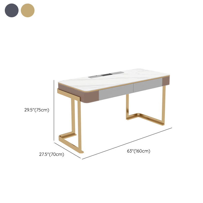 Modern Stone Office Desk Rectangular Shape Task Desk with 2-Drawers in White/Grey Clearhalo 'furn' 'furn_office_desk' 'Furniture' 'Office Desks' 'Office Furniture' 'office_desk' 6957919