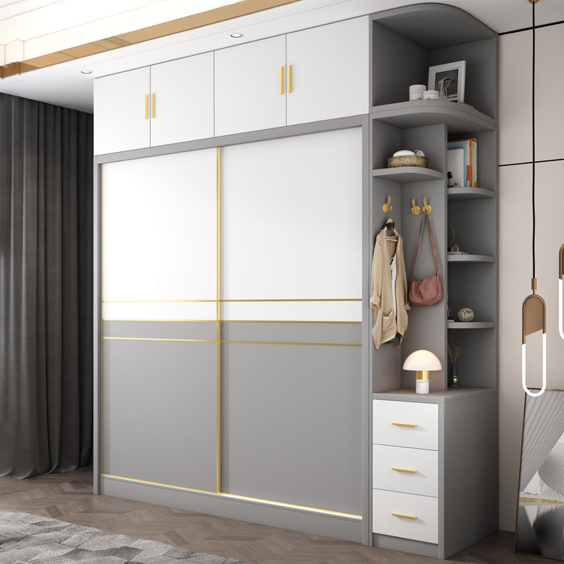 Armadio di stoccaggio bianco e grigio per moderni moderni in legno con porte scorrevoli