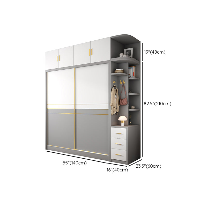 Armadio di stoccaggio bianco e grigio per moderni moderni in legno con porte scorrevoli