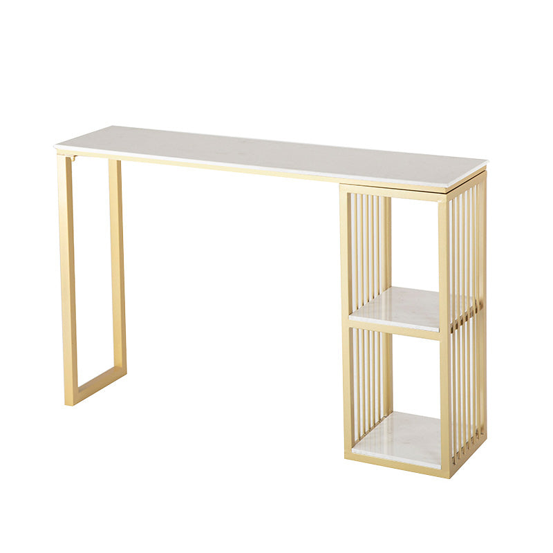 White Rectangle Faux Marble Top Bar Table Industrial Double Pedestal with Shelves Without Chairs Clearhalo 'Bar Furniture' 'Bar Tables' 'bar_tables' 'furn' 'furn_bar_tables' 'Furniture' 'Kitchen & Dining Furniture' 6961028