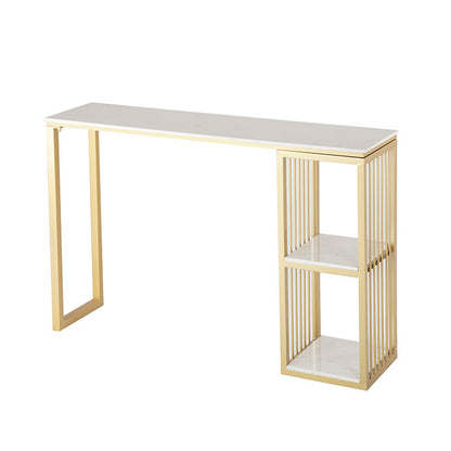 White Rectangle Faux Marble Top Bar Table Industrial Double Pedestal with Shelves Without Chairs Clearhalo 'Bar Furniture' 'Bar Tables' 'bar_tables' 'furn' 'furn_bar_tables' 'Furniture' 'Kitchen & Dining Furniture' 6961028