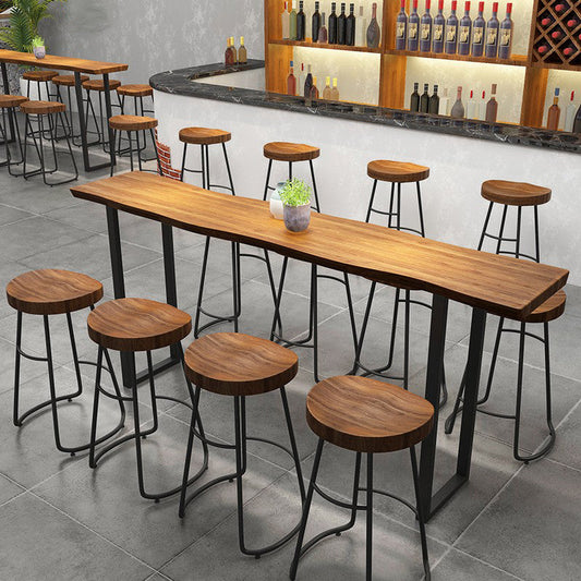 Contoured Seat Dining Stools Solid Wood Bar Stools with Metal Base