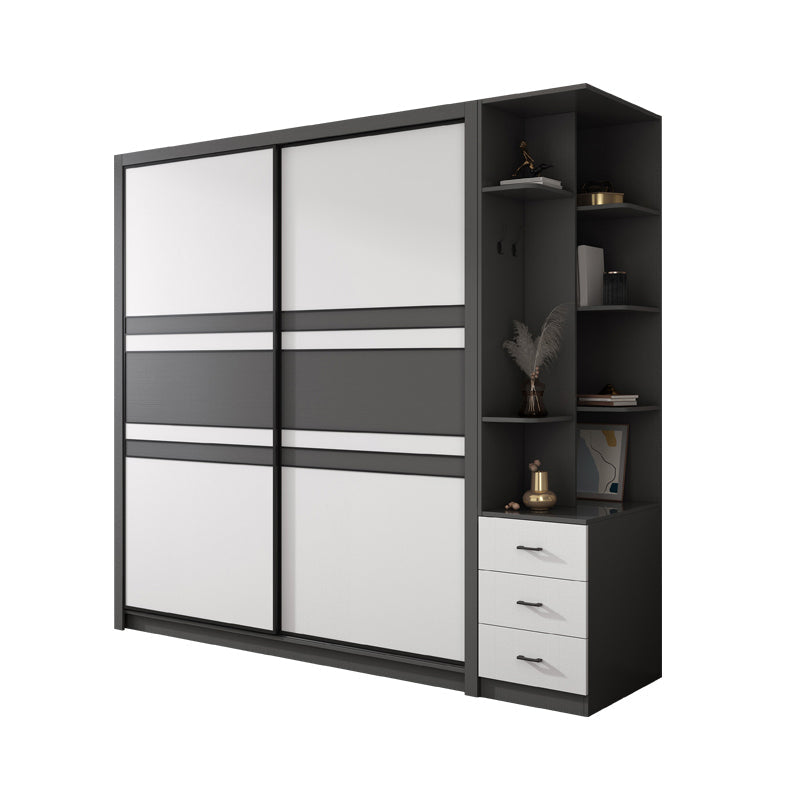 Contemporary Grey and White Storage Cabinet Bedroom Cabinet with Sliding Doors Armoire with Side Cabinet Clearhalo &#39;Armoires &amp; Wardrobes&#39; &#39;armoires_wardrobes&#39; &#39;Bedroom Furniture&#39; &#39;furn&#39; &#39;furn_armoires_wardrobes&#39; &#39;Furniture&#39; 6967376