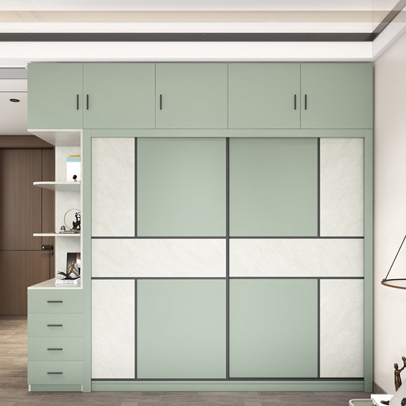 Green and White Bedroom Storage Cabinet Modern Sliding Door Cabinet with Drawers